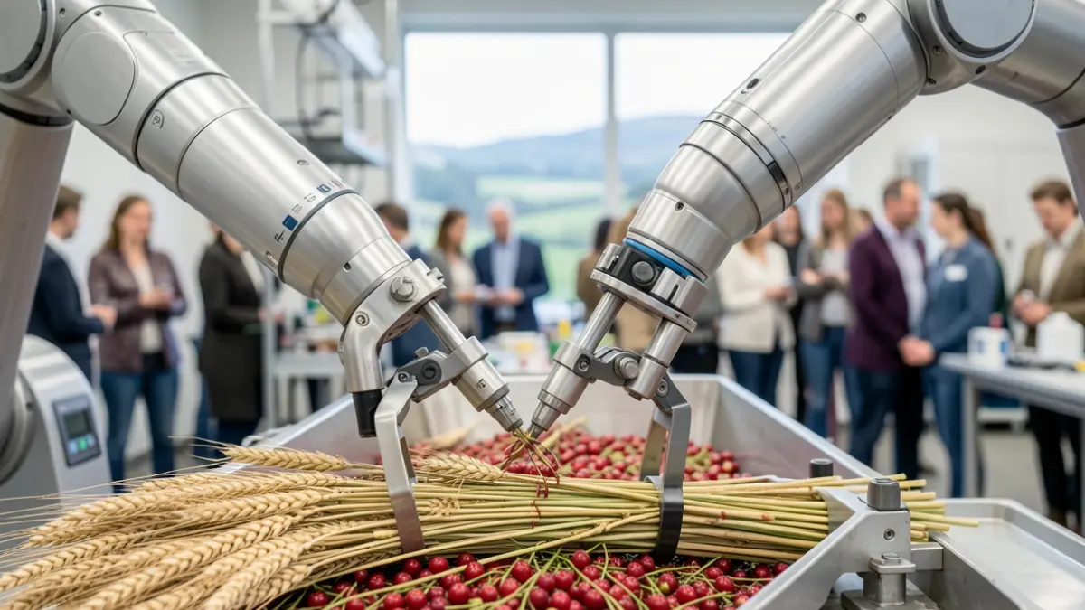 Robotic arms handling agri-food produce in a research lab.
