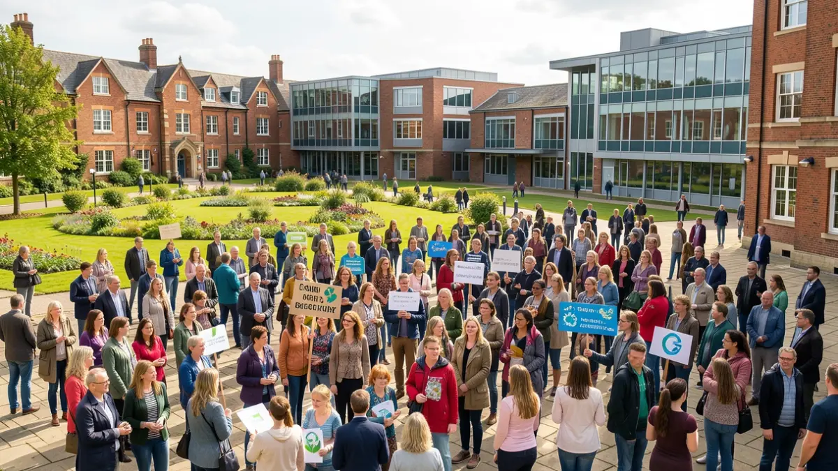 Generic image of a diverse group of people participating in an outdoor event on a university campus, with some holding signs related to environmental awareness.