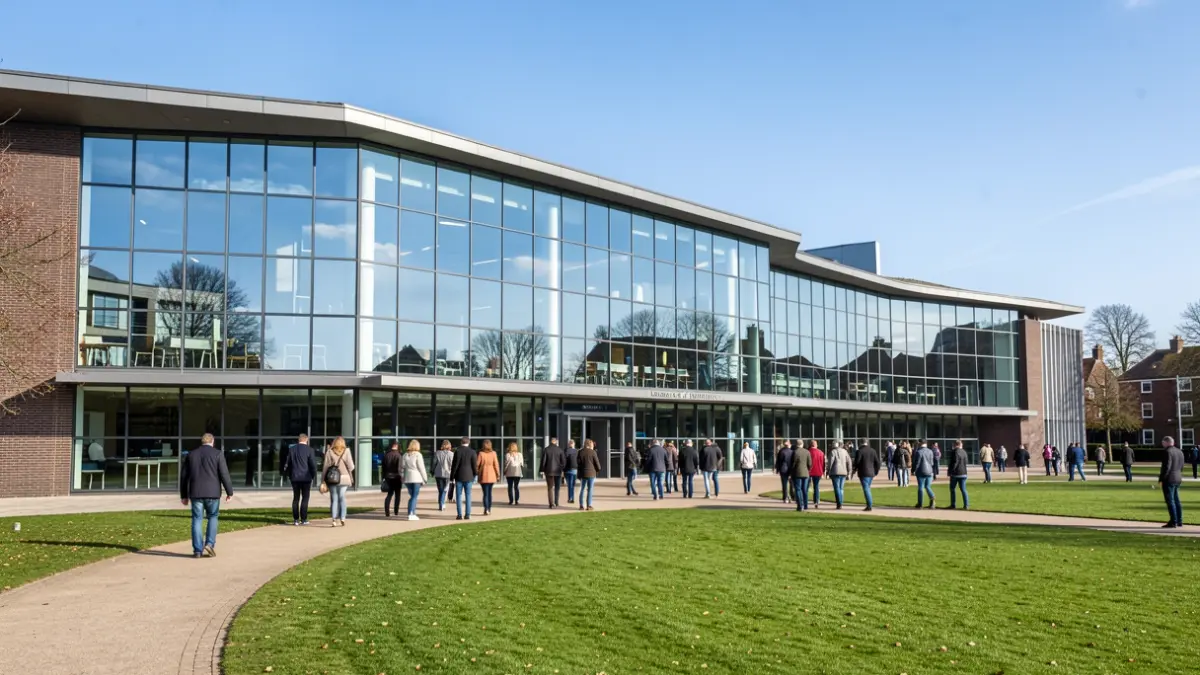 Generic image of a modern university building facade with large glass windows and green lawns.
