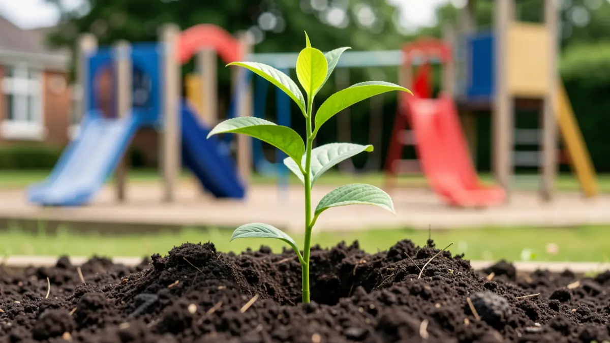 A young tree being planted in a school garden in Solihull.