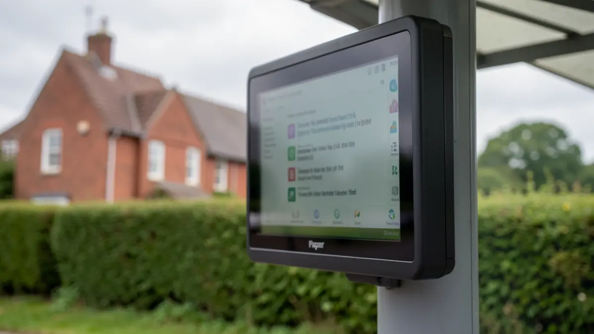 An ePaper bus information display on a pole at a bus stop in West Northamptonshire.