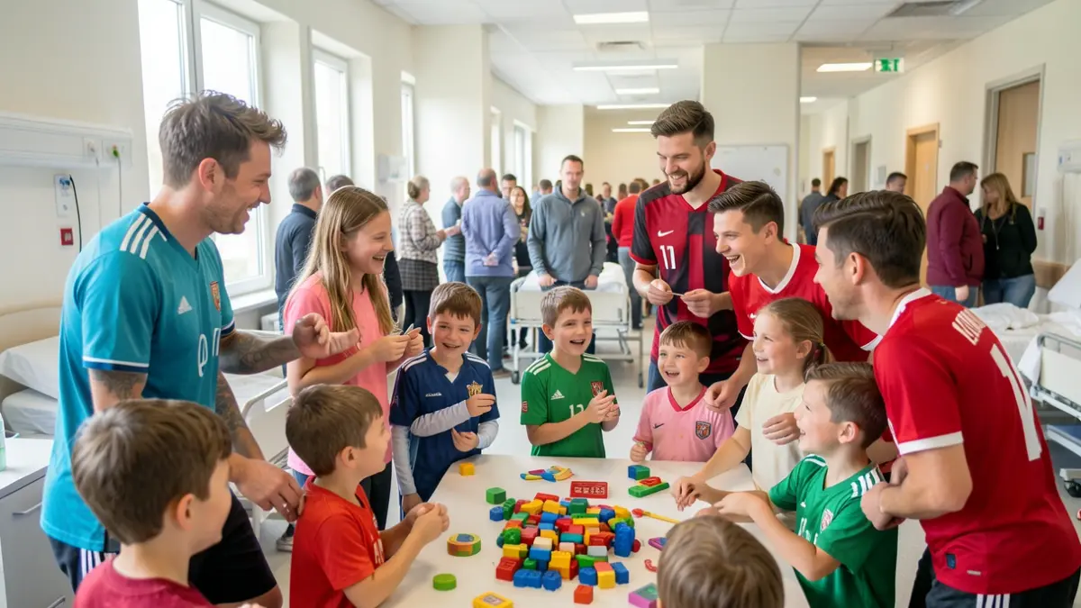 Generic image of football players visiting children in a hospital ward, engaging in games and conversation.