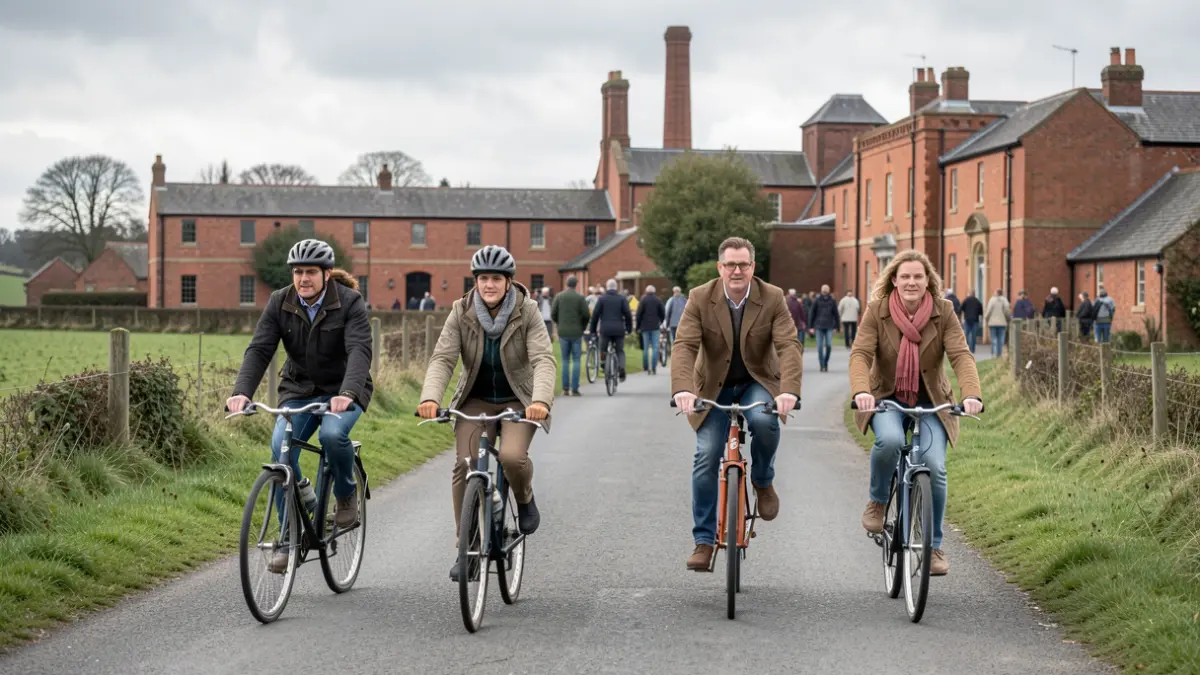 Generic image of four cyclists on a road with industrial heritage in the background.