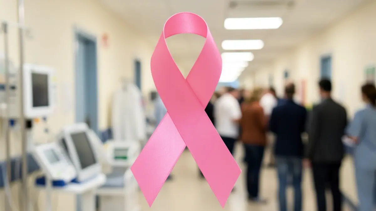 Generic image of a pink ribbon symbol against a blurred background of hospital corridors and medical equipment.