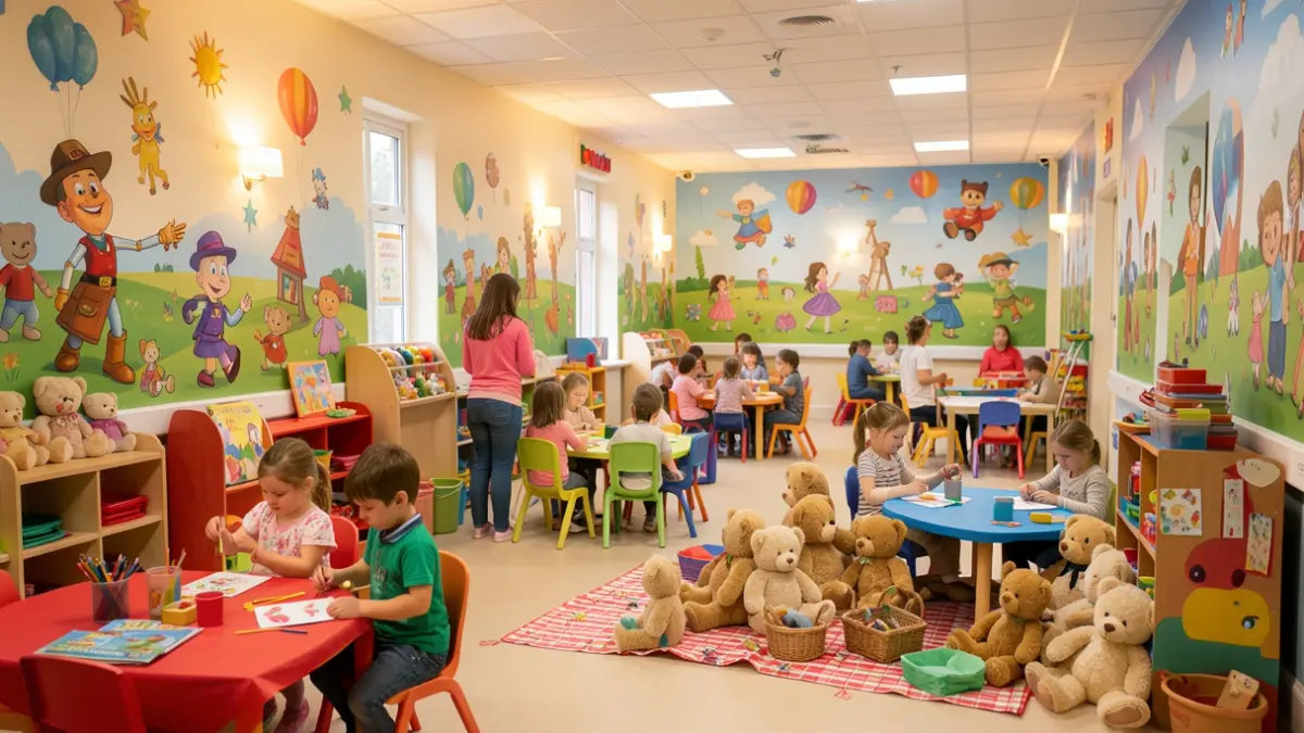Children's ward at Walsall Manor Hospital decorated for Play in Healthcare Week with Toy Story and Disney themes.