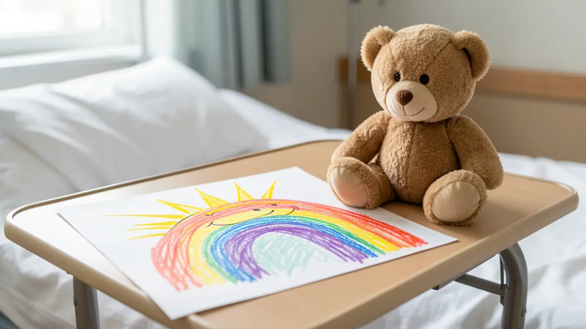 A child's drawing of a sun and rainbow on a hospital table next to a teddy bear.