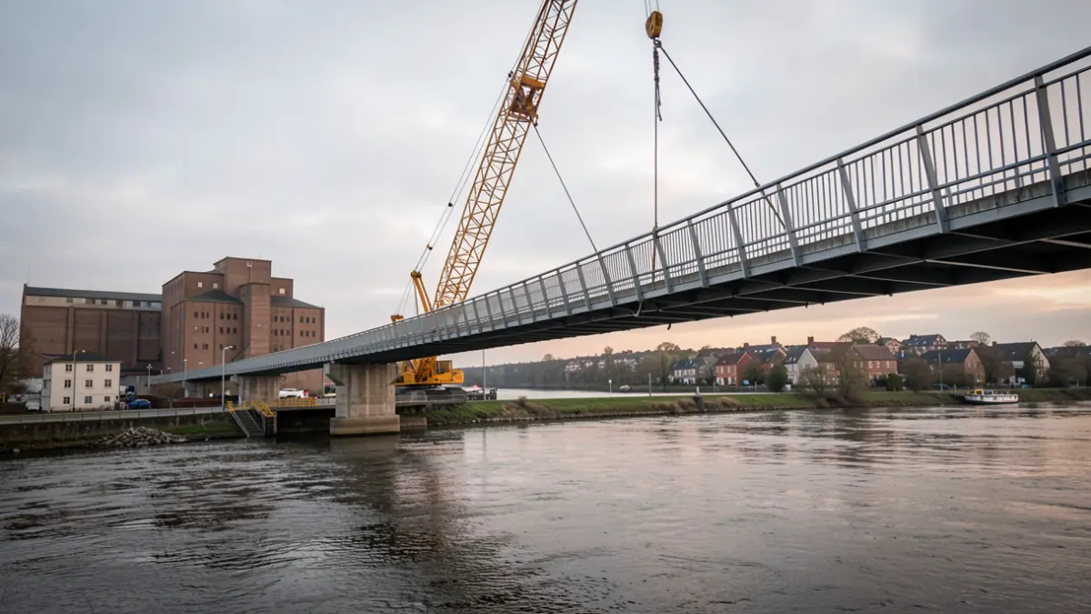 Generic image of a large bridge being lifted by a crane over a river near industrial buildings.