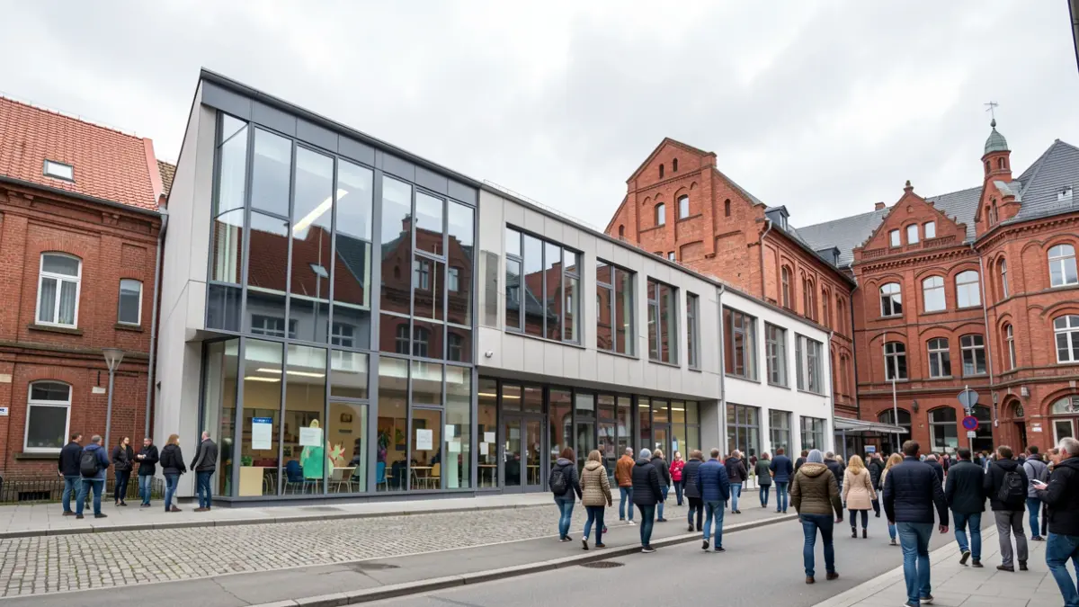 Generic image of a modern educational building with large windows in a town centre, with red brick heritage buildings in the background under an overcast sky.