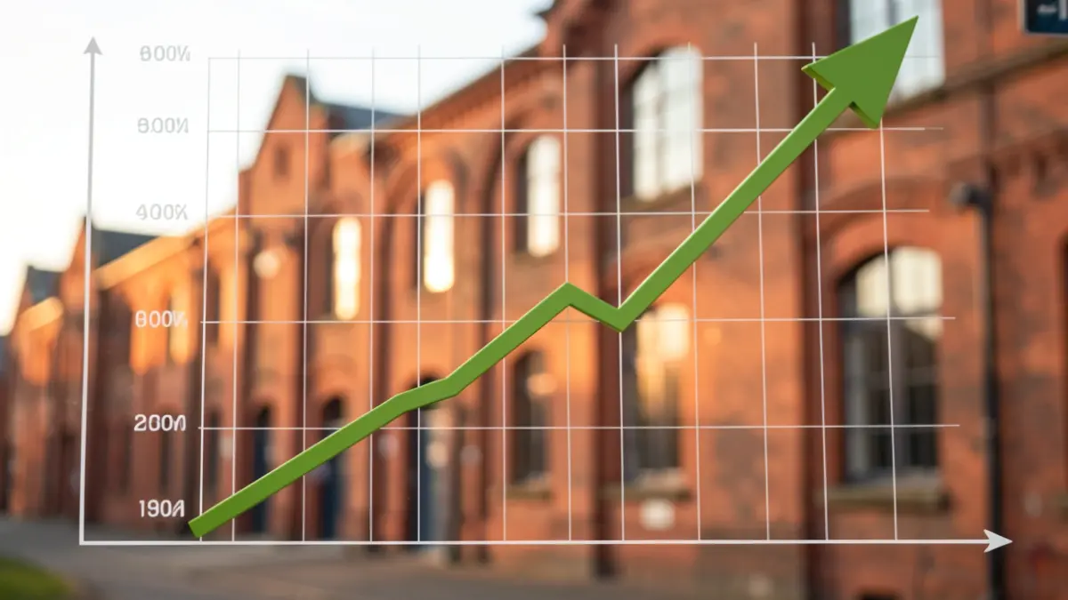 Generic image of a business growth chart overlaid on a blurred background of industrial buildings.