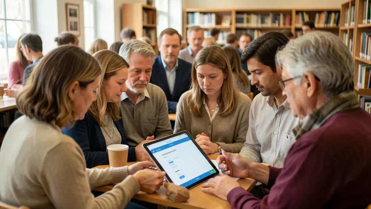 Generic image of a diverse group of people looking at a tablet displaying a survey form.
