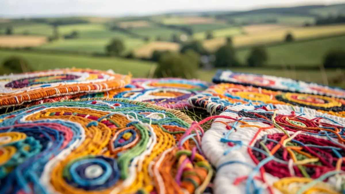 Generic image of colourful, textured textile art pieces arranged together, depicting abstract patterns and interwoven threads.