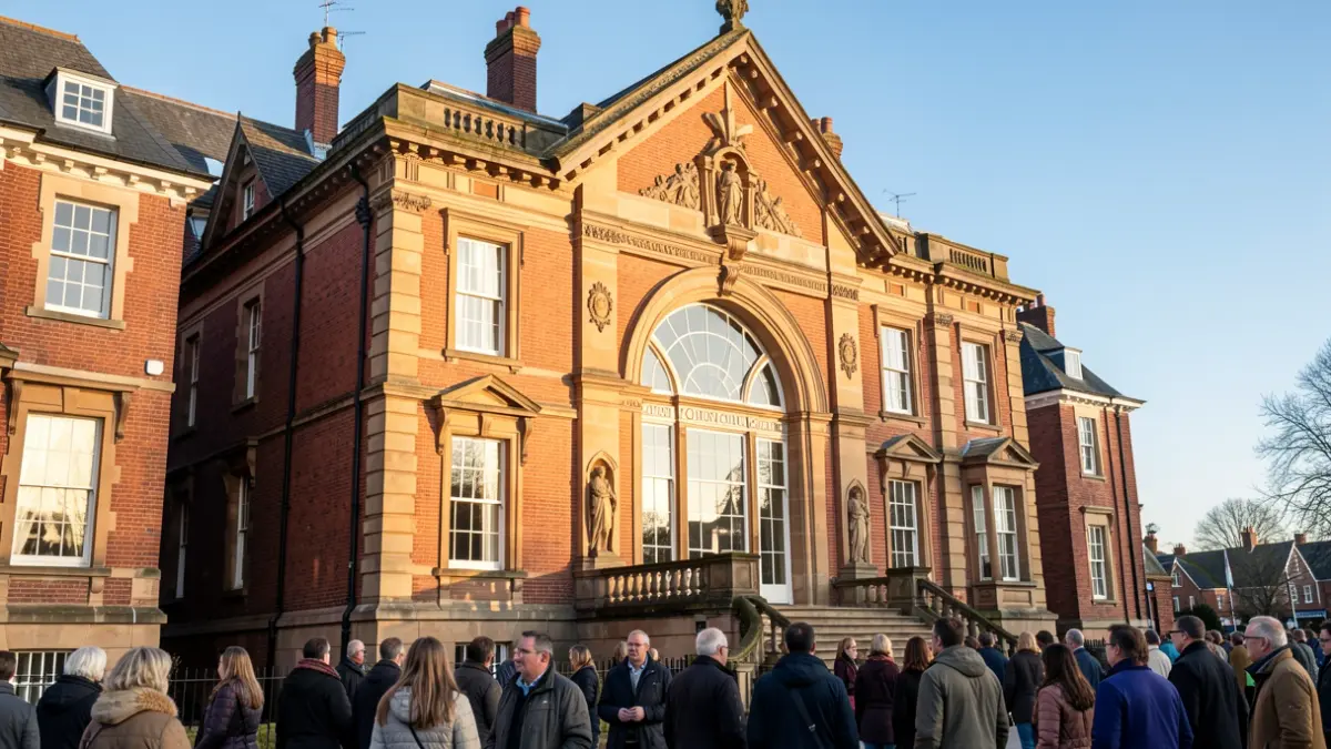 Generic image of a traditional county council building facade with ornate details, in warm afternoon sunlight under a blue sky.