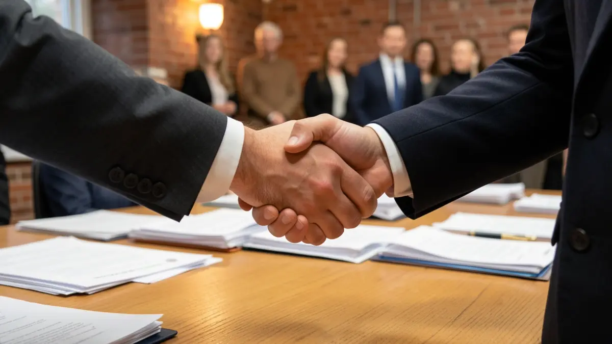 Generic image of two hands shaking over a desk.
