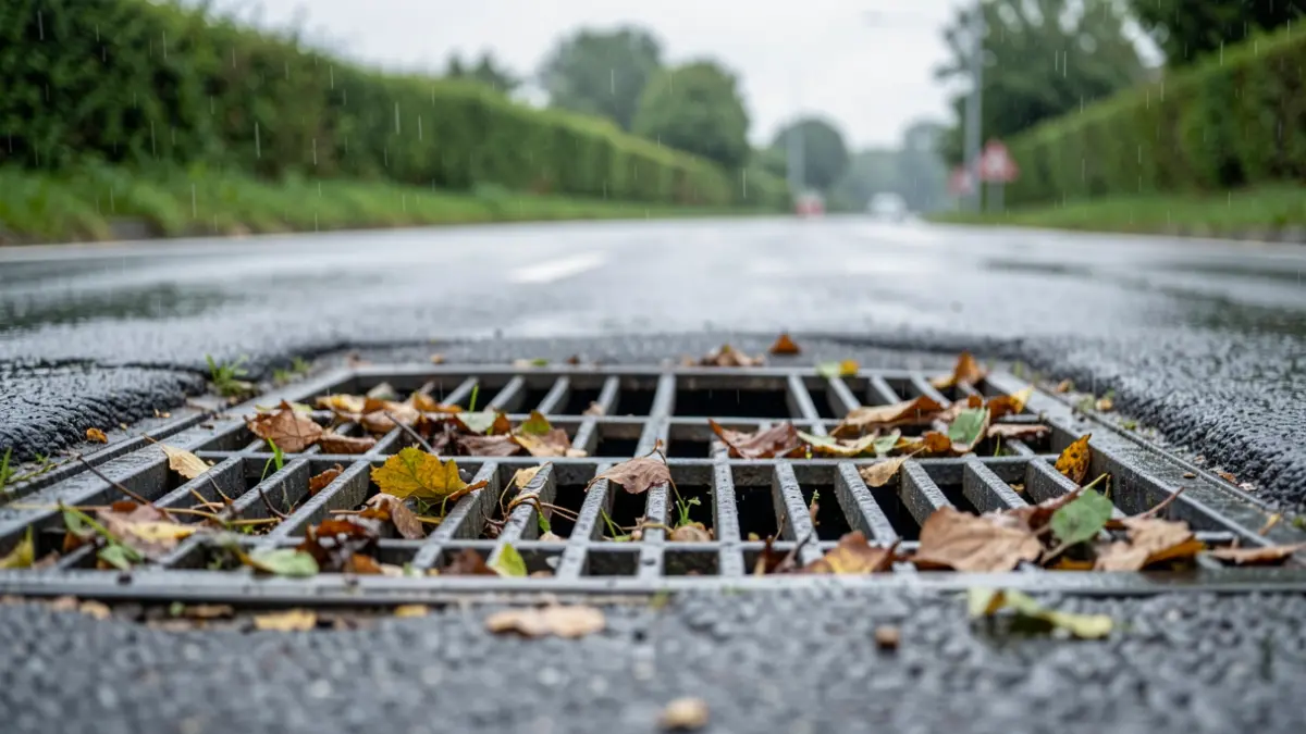 A blocked highway gully grate during autumn, highlighting potential flooding risks.