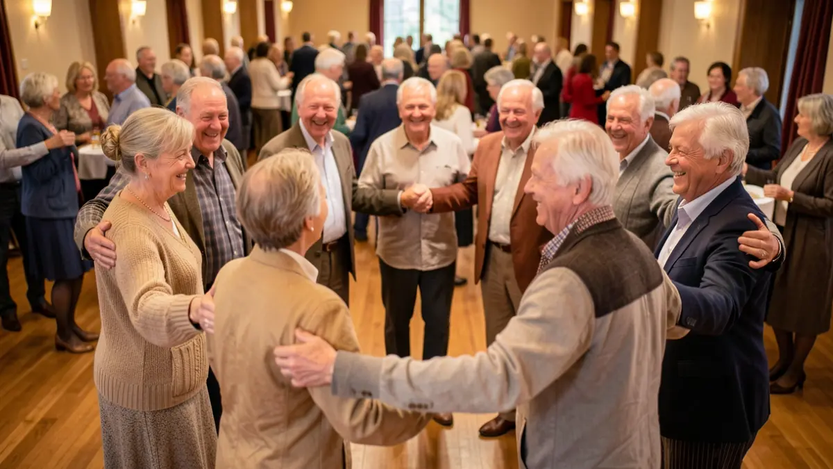 Generic image of a diverse group of older adults holding hands in a circle on a dance floor, smiling and appearing joyful.
