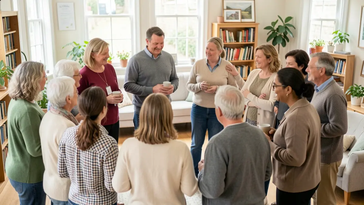 A diverse group of people engaging in supportive conversations in a community setting.