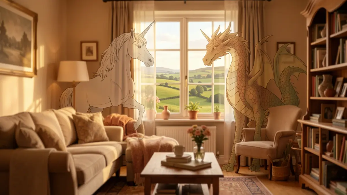 Generic image of mythical creatures blended with a cosy home environment, symbolising fostering opportunities.