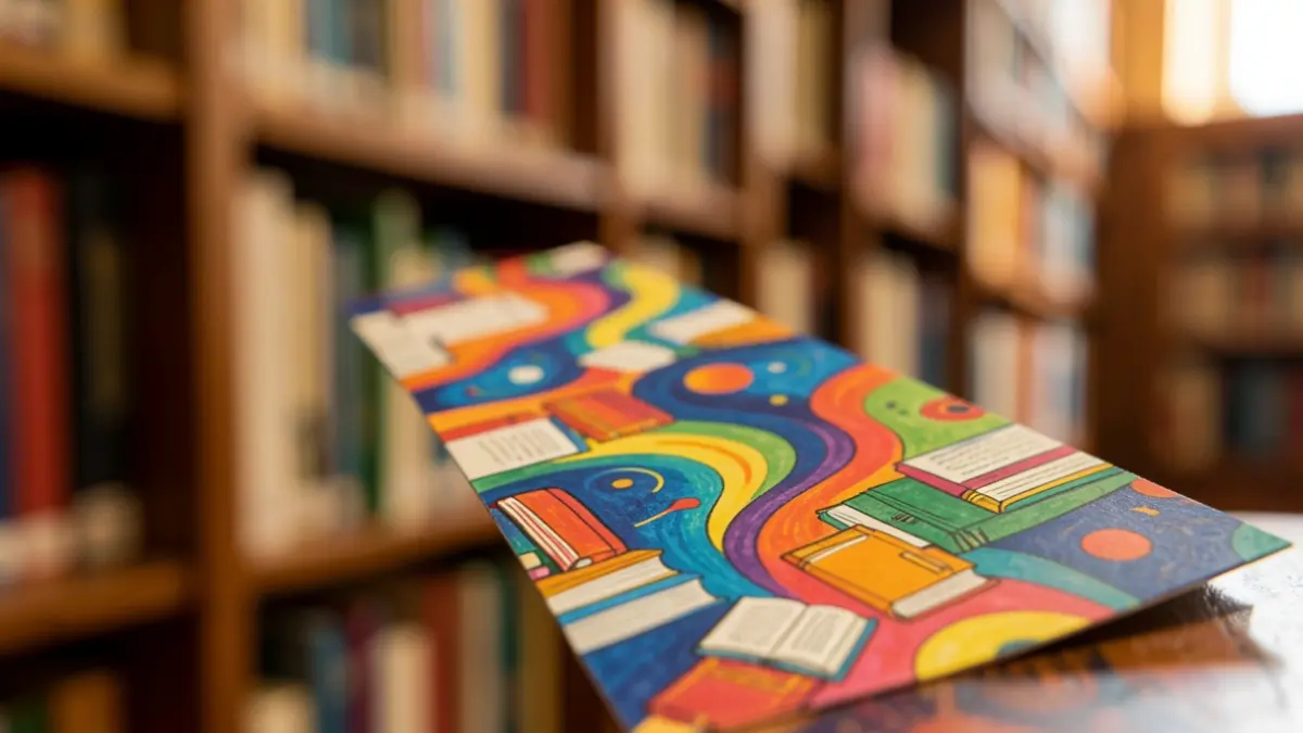 Generic image of a colourful bookmark with abstract designs, set against a blurred background of library shelves.