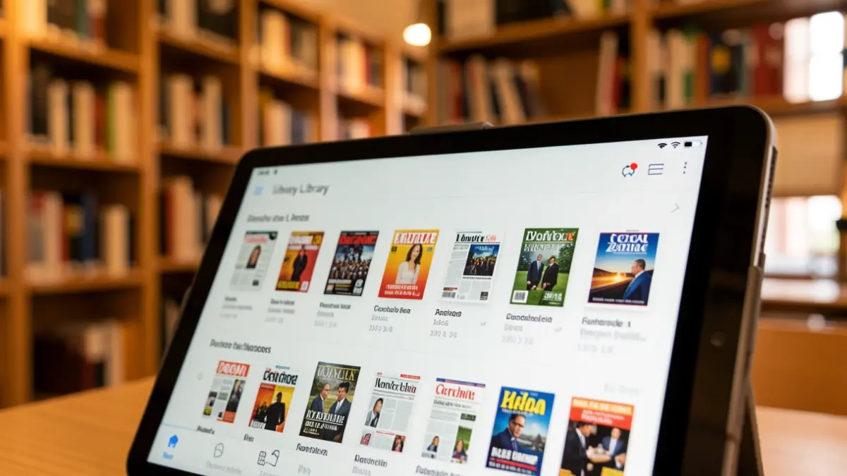 Generic image of a tablet screen showing a digital library app with magazine and newspaper icons.