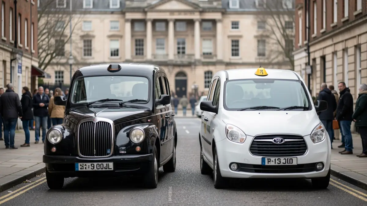 A black taxi and a white private hire car parked on a street in West Northamptonshire.