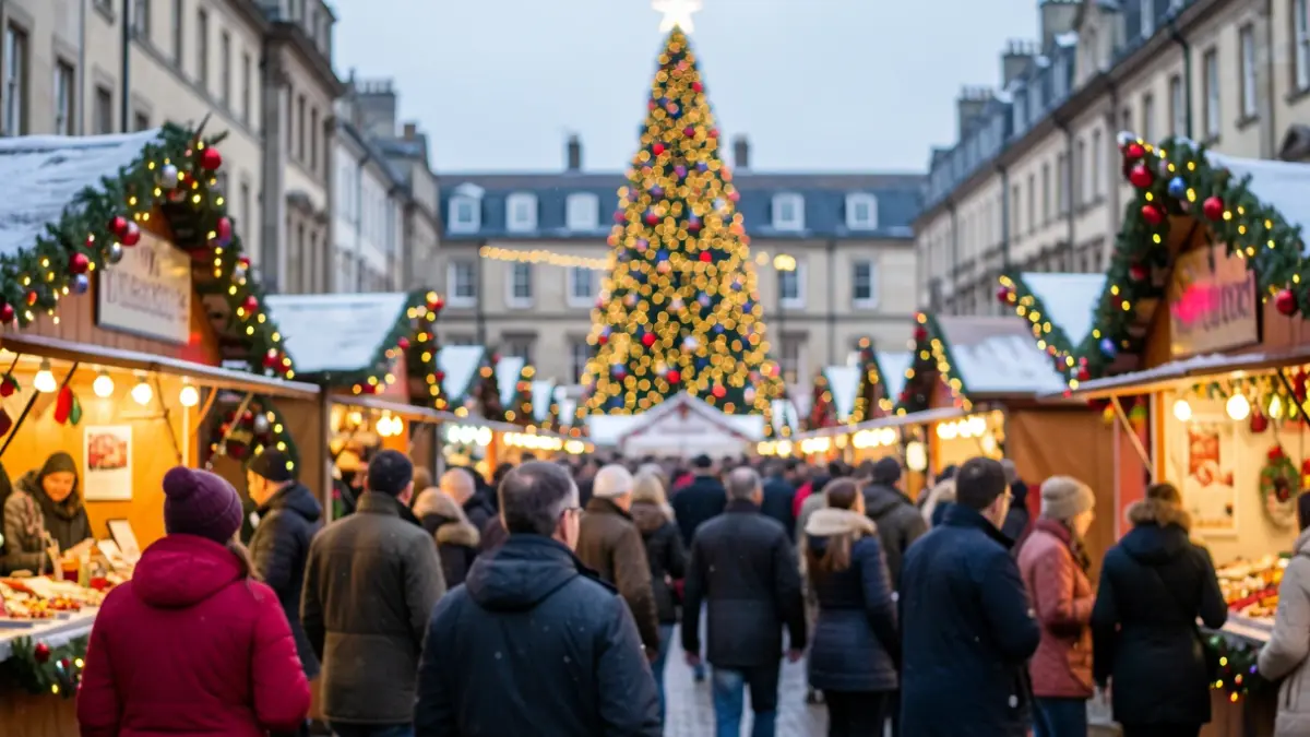 Festive Christmas market stalls and a large illuminated tree on Northampton Market Square during WinterFest.