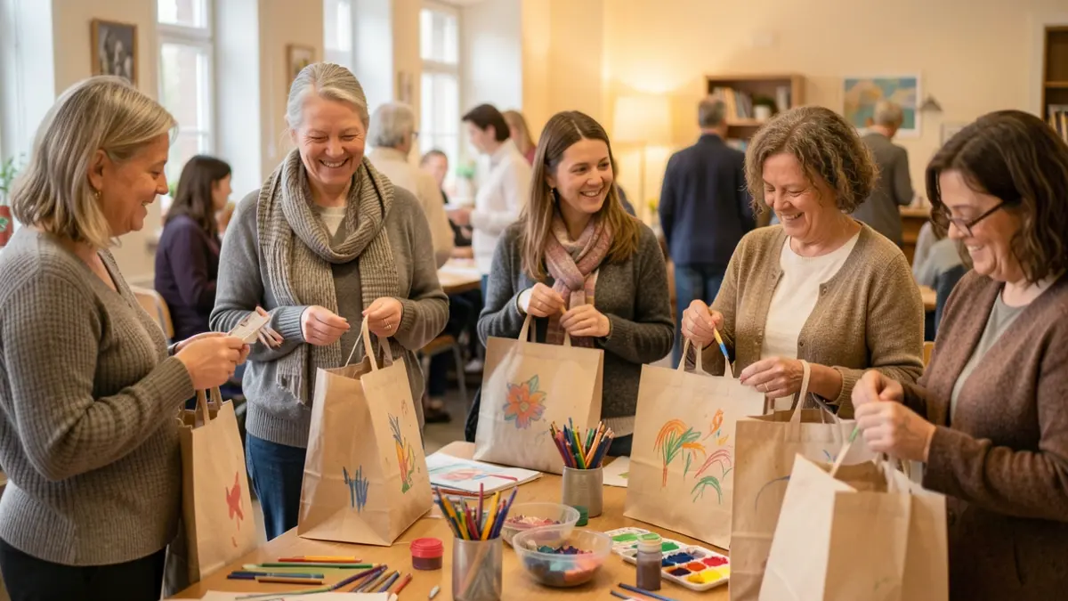 Kinship foster parents decorating tote bags and connecting at a community event.