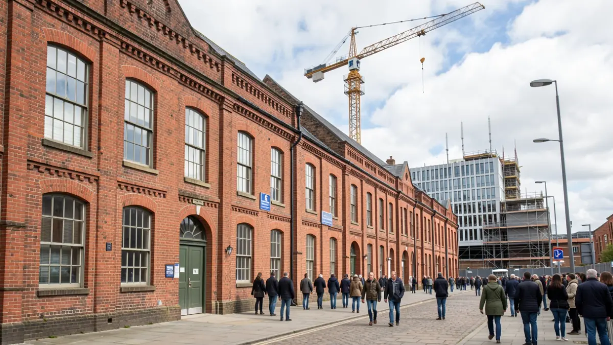 Generic image of red-brick industrial buildings and a construction crane against a partly overcast sky.
