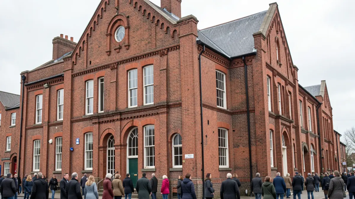 Generic image of a red-brick building facade with architectural details under an overcast sky.