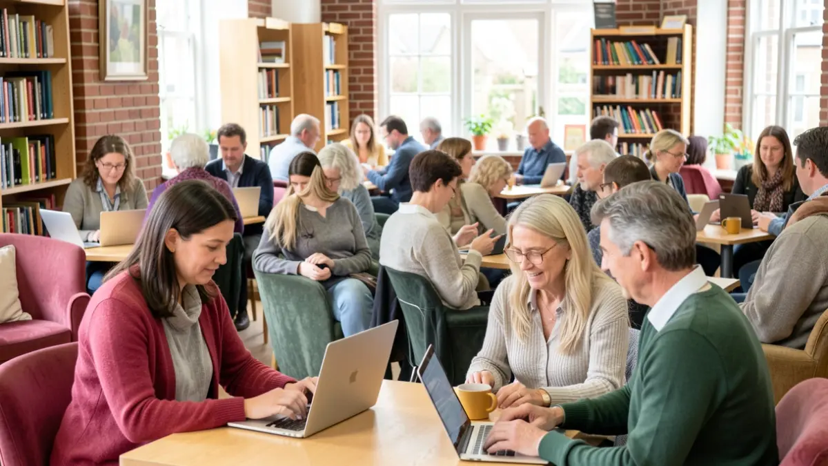 Generic image of people using laptops and tablets in a community centre.