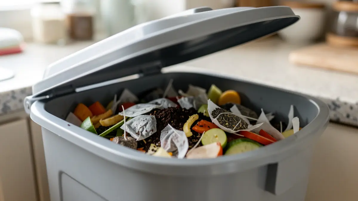 Generic image of food scraps in a kitchen caddy.