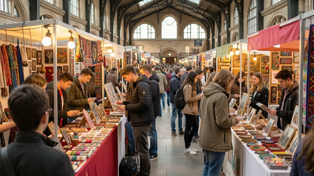 Generic image of a bustling indoor market hall filled with young traders and visitors.