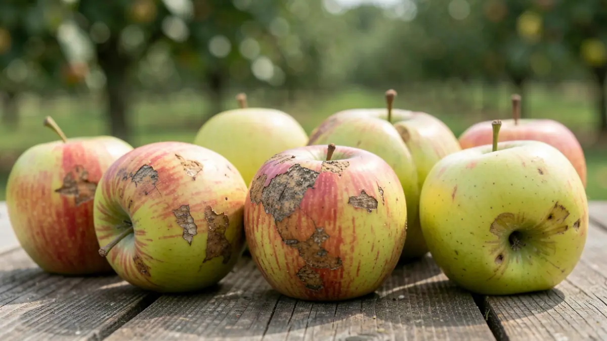 Generic image of windfall apples on a wooden surface.